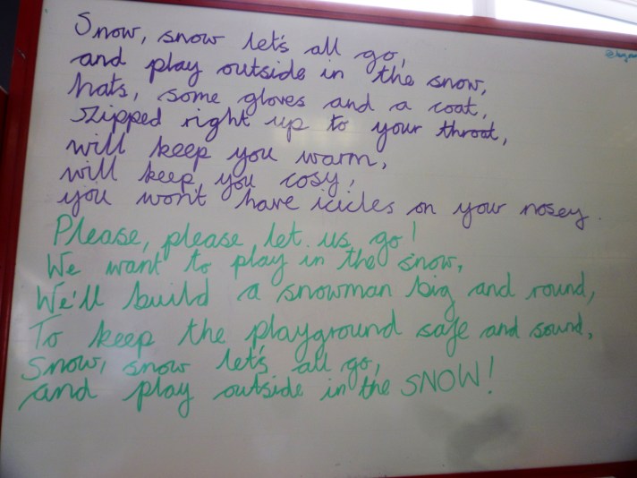 Snow poem on white board